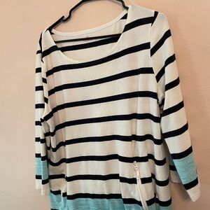 Talbots Black and White Striped Long Sleeve Top with Blue Accents